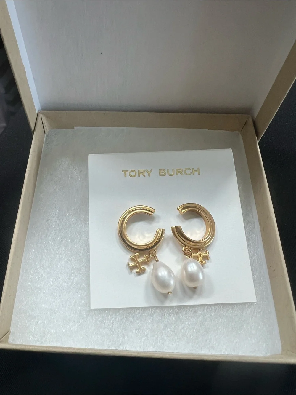 Tory Burch Gold Hoop Drop Pearl Earrings-New